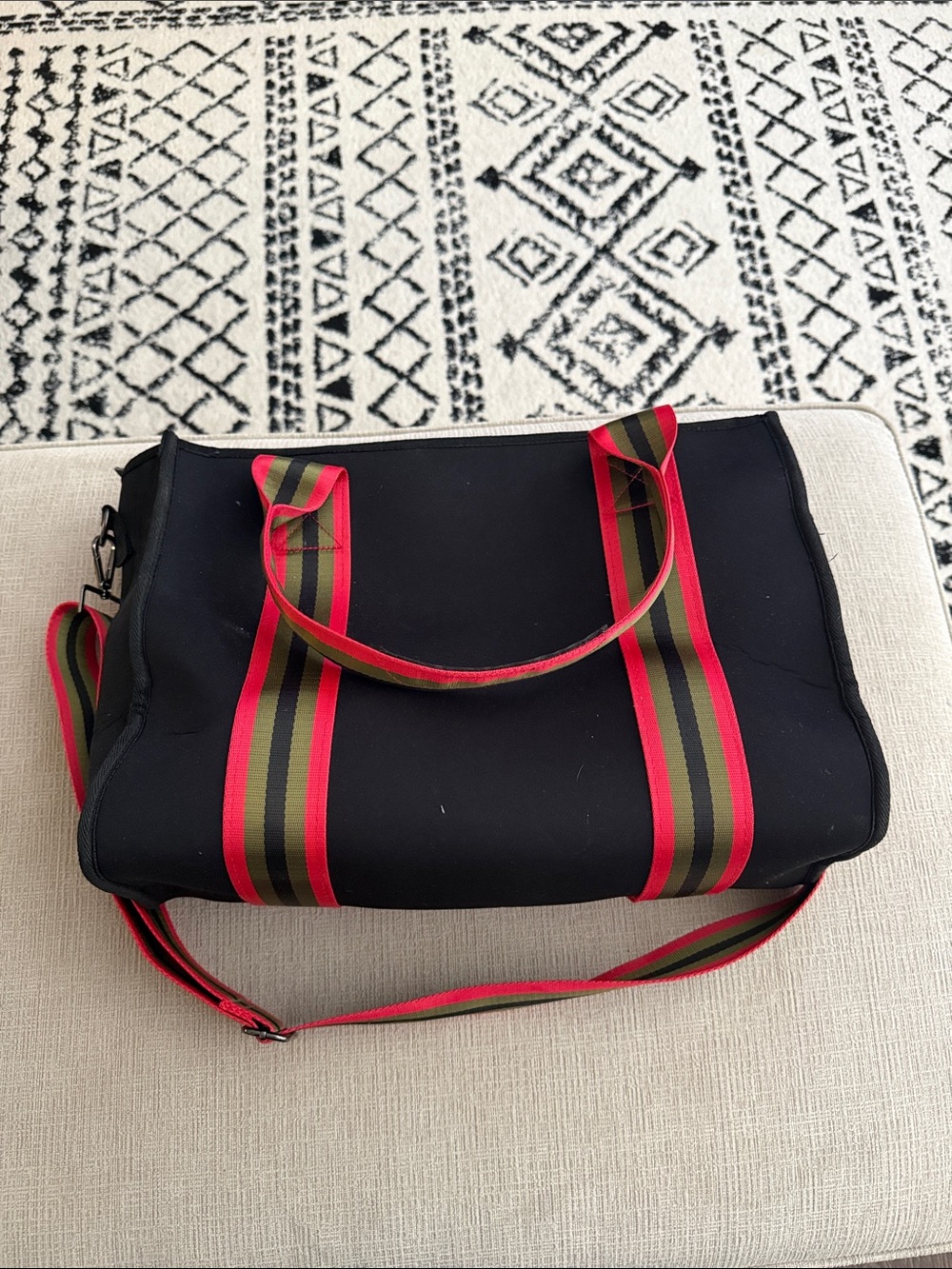 Black Women's Tote Bag with Red & Olive Striped Handles